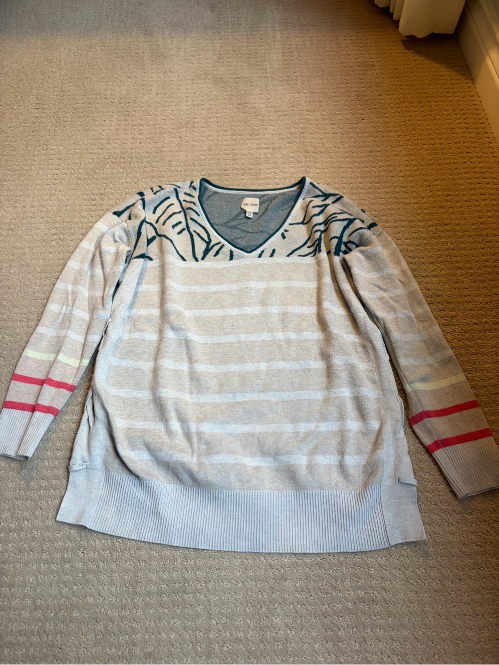 Light Gray Striped V-Neck Sweater with Green Accent